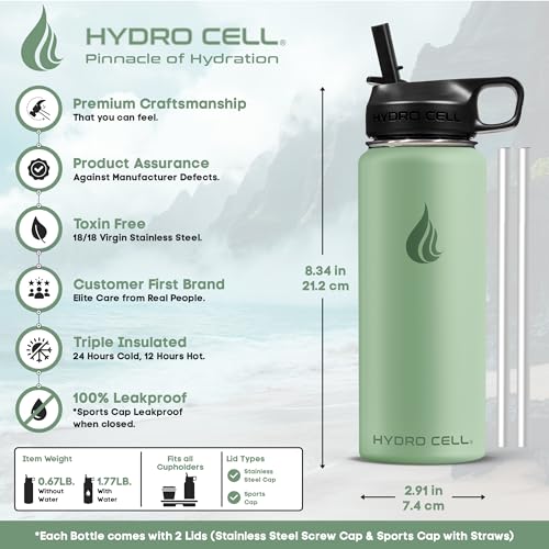 Image of HYDRO CELL Stainless Steel Insulated Water Bottle with Straw - For Cold & Hot Drinks - Metal Vacuum Flask with Screw Cap and Modern Leakproof Sport Thermos for Adults (Sage 18oz)