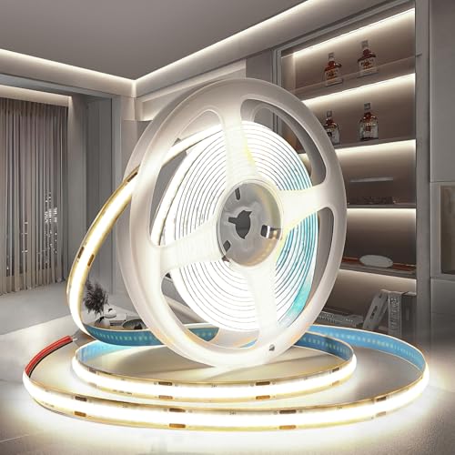 PERVADEO Tira LED COB 24V Autoadhesivo, 10M LED Tira luz LED Blanca Fria 6000K Cortable Flexible Tira Luces 320LED/M para Decoración Hogar, Cocina, Espejo (Sin Fuente de Alimentación)