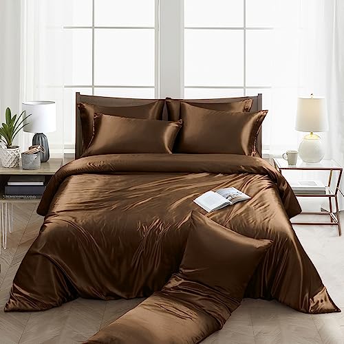 Image of Ersmak 6 Pieces Satin Duvet Cover King Size Luxury Silky Bedding Duvet Cover Set with 1 Soft Duvet Cover, 4 King Pillowcases and 1 Body Pillowcase, Brown