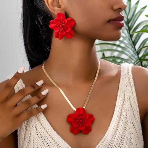 Vintage Flower Necklace Earring Set Gold Snake Chain Necklace Bohemian Red Flowers Choker Necklaces Hypoallergenic Statement Flower Stud Earrings Elegant Bridal Wedding Summer Beach Jewelry2