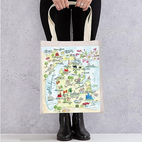Image of WZMPA Michigan State Map Tote Bag - Michigan Souvenir Gift, Vacation & Trip Shoulder Bag