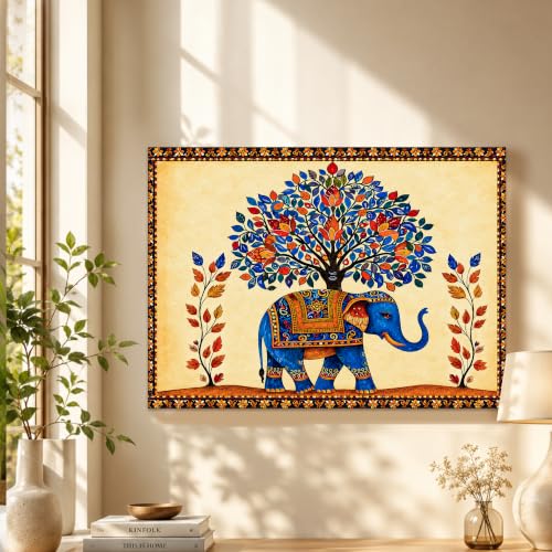 Image of Madhubani Elephant Stretched Canvas Painting for Living Room Wall Decor, Tree of Life Indian Traditional Vastu Stretched Canvas Wall Art for Vastu Place Bedroom Home Hallways Office Hotel, Size 22x34 Inch