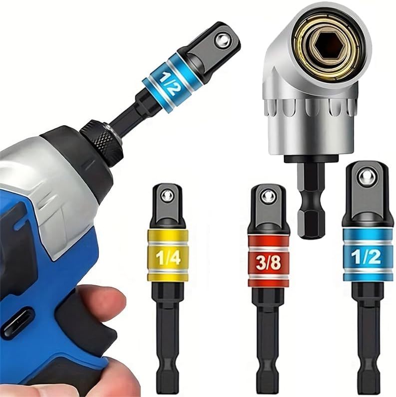 4PCS Colorful Drill Socket Adapter Set – Alloy Steel Universal Joint with Colored Marking Rings & 105° Right Angle Driver, 1/4" 3/8" 1/2" Drive for Power Tools & Automotive Repairs