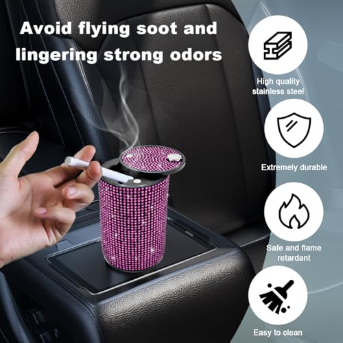 Image of Car Cigarette Ashtray with Lid, Stainless Steel Bling Crystal Diamond Smokeless Fireproof Vehicle Ashtray Holder, Portable Sparkling Ashtray Cup Holder for Car Home Office (Pink)