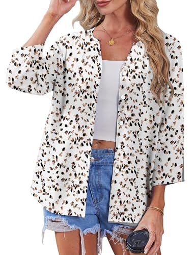 Image of OFEEFAN Button Down Shirts for Women 3 /4 Length Sleeve Tops V Neck Blouses Business Casual Outfits Loose Fit