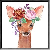 SIGNWIN Framed Canvas Wall Art Nursery Baby Deer Fawn with Pink, Purple, Red Flowers Animals Wildlife Watercolor Impressionism Modern Portrait Fun for Living Room, Bedroom, Office - 16