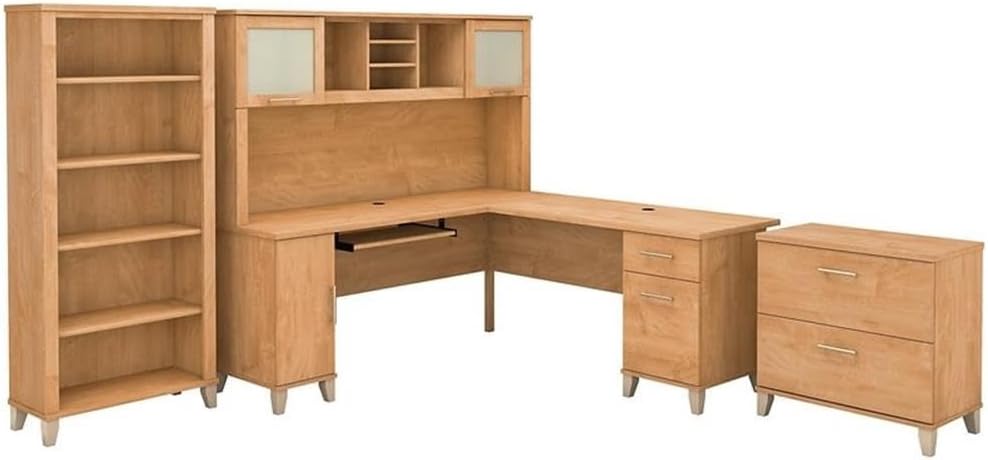 Scranton & Co Somerset 72W L Shaped Desk Office Suite, Maple Cross Finish, Includes Hutch, Lateral File Cabinet, 5 Shelf Bookcase, Transitional Style Home or Small Office Furniture Set