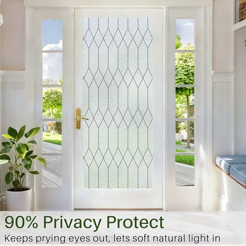Image of Windimiley Window Privacy Film Stained Glass Static Clings, Bathroom Frosted Leaded Decorative Window Stickers, UV Heat Blocking Opaque Removable for Home Door Coverings (17.5 x 78.8in,Pure)