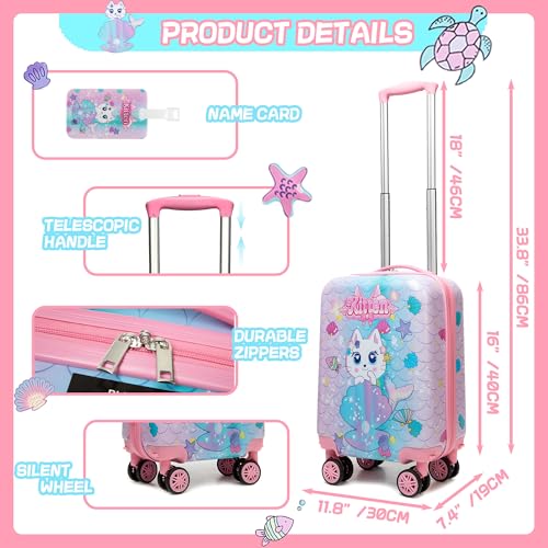 Image of Cute Cat Kid's Luggage Set: 2 Piece Hardside Spinner Wheels Suitcase Set, 16' Airline Approved, Pink Cat Pattern, Ages 5+