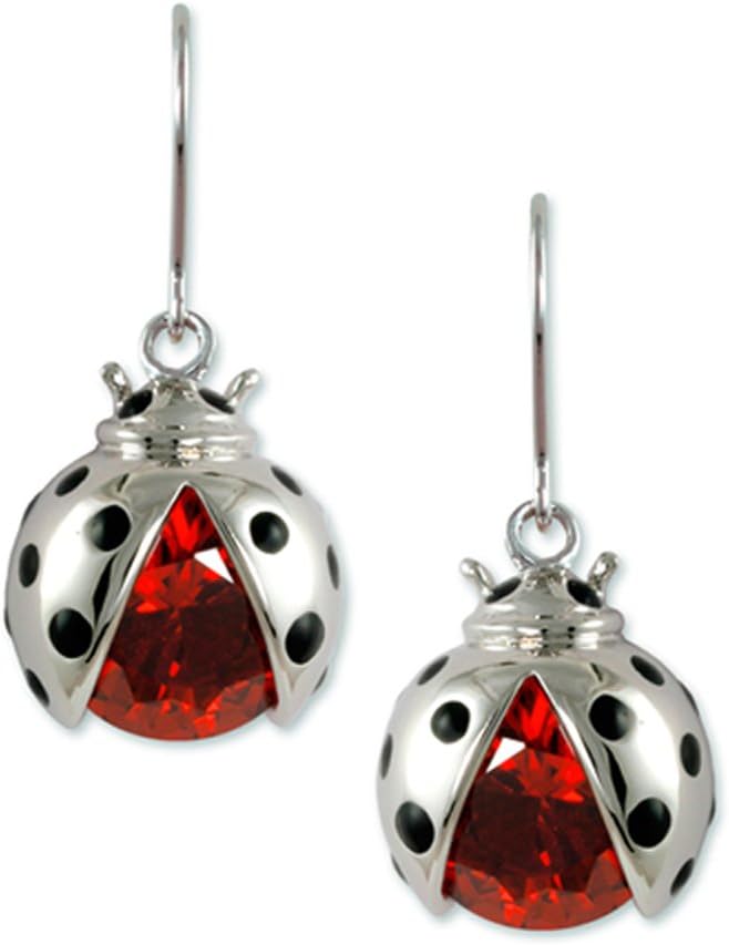 Rhodium Plated fish hook earring with (1) ladybug" with (1) 8mm garnet CZ and black enamel accents