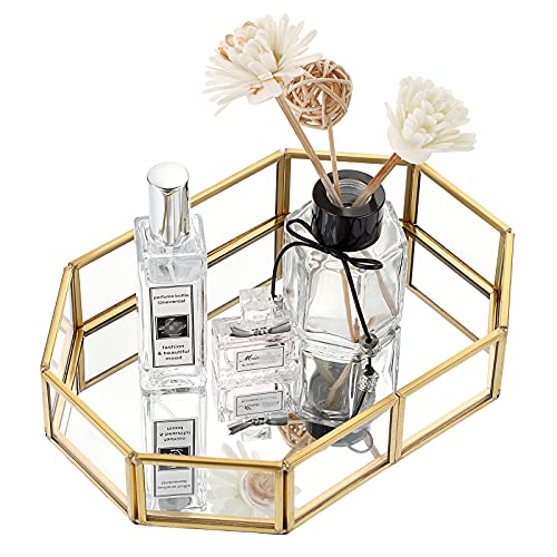 Hipiwe HPWSN00293 Mirror Glass Vanity Tray - Gold Ornate Makeup Vintage Octagonal Perfume Dresser Jewelry Trinket Organizer thumb #2