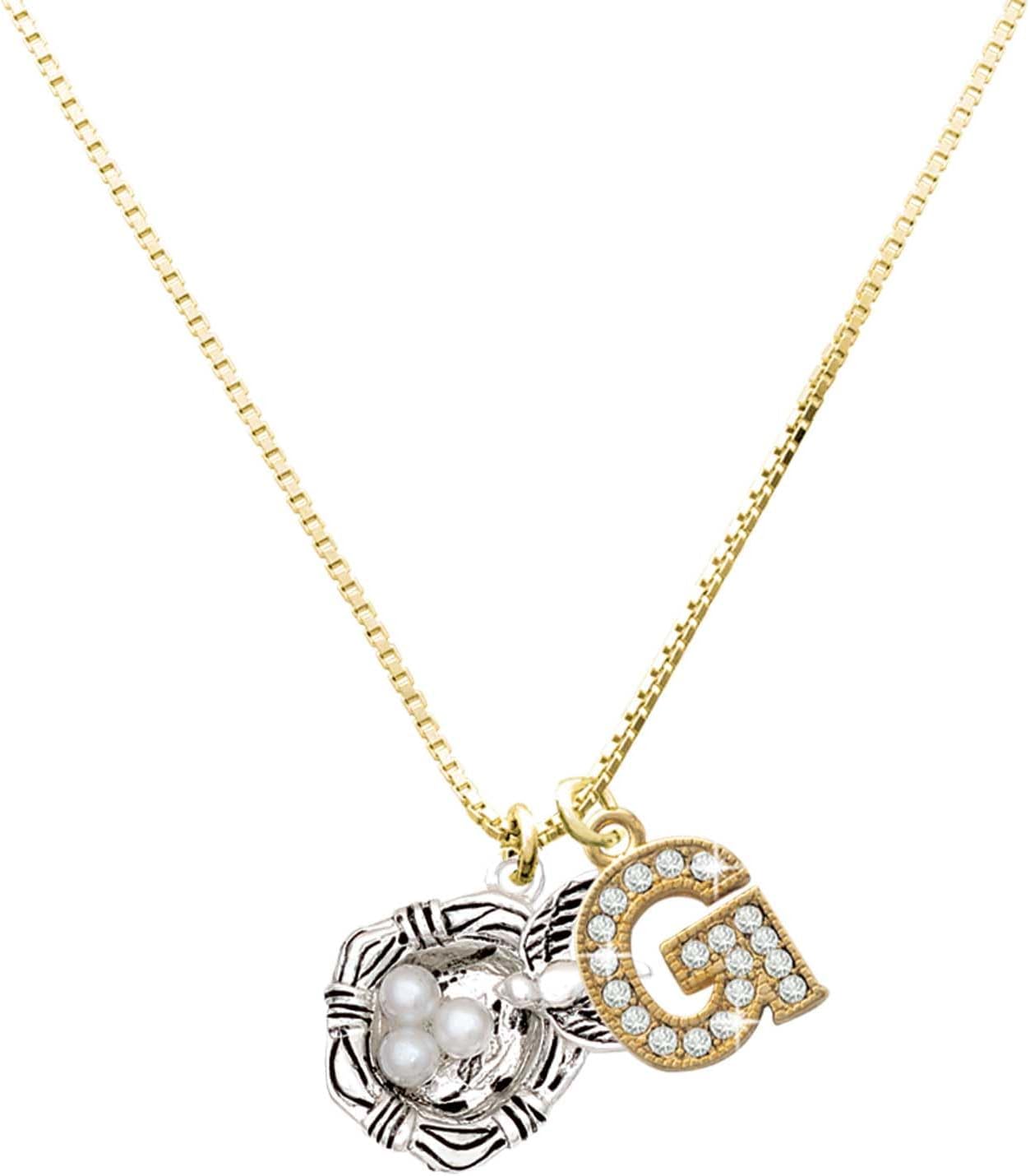 Delight Jewelry Silvertone Birds Nest with Imitation Pearl Eggs Goldtone Crystal Initial Charm Necklace, 17.5"+2" Initial G - Image 1 of 4
