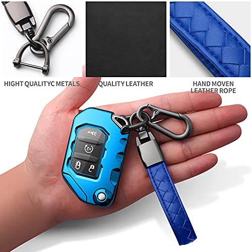 Image of Compatible with Jeep Key Fob Cover With Leather Keychain Soft TPU Protection Key Case for 2018-2026 Wrangler JL JLU Rubicon Wagoneer Gladiator JT Sahara JLU Remote Key (Aurora Blue)