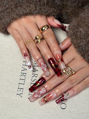 Rouge Sonata 10pcs Press On Nails for Women, Crimson Floral