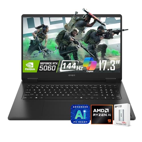 Image of HP OMEN AI Gaming Laptop, 17.3 144Hz FHD Display, AMD Ryzen AI 9 365(>i9-13900H), GeForce RTX 5060, Copilot, RGB Backlit Keyboard,1080p Webcam, WiFi 6E, Windows 11 Pro, Black(64GB DDR5 RAM | 4TB SSD)