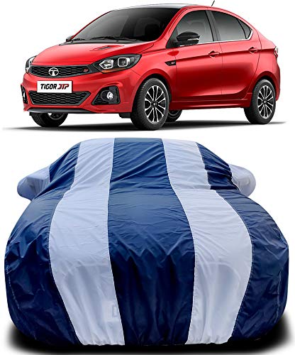 Image of PURPLEHEART Car Body Cover Compatible with Tata Tigor JTP Car Cover Body with Mirror Pocket Triple Stitched Bottom Elastic Water Resistant UV Protection & Dustproof Car Cover-Blue & White