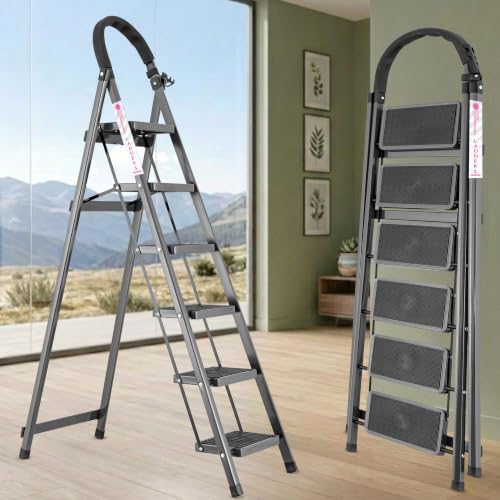 Image of Casa Copenhagen Grey 6 Step Ladder for Home Use with Built-in Tool Tray | Heavy Duty D Shape Rods | Ultra Large Platform | Wide Rubber Feet | 150Kg Capacity Foldable Ladder - 7 Years Warranty