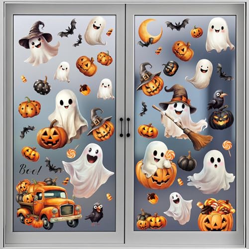 sulanmo Halloween Fenêtre Autocollants, Autocollant Électrostatique Amovible pour Fenêtre d'halloween, Décoration d'halloween avec Fantôme Citrouille, 8 PCS