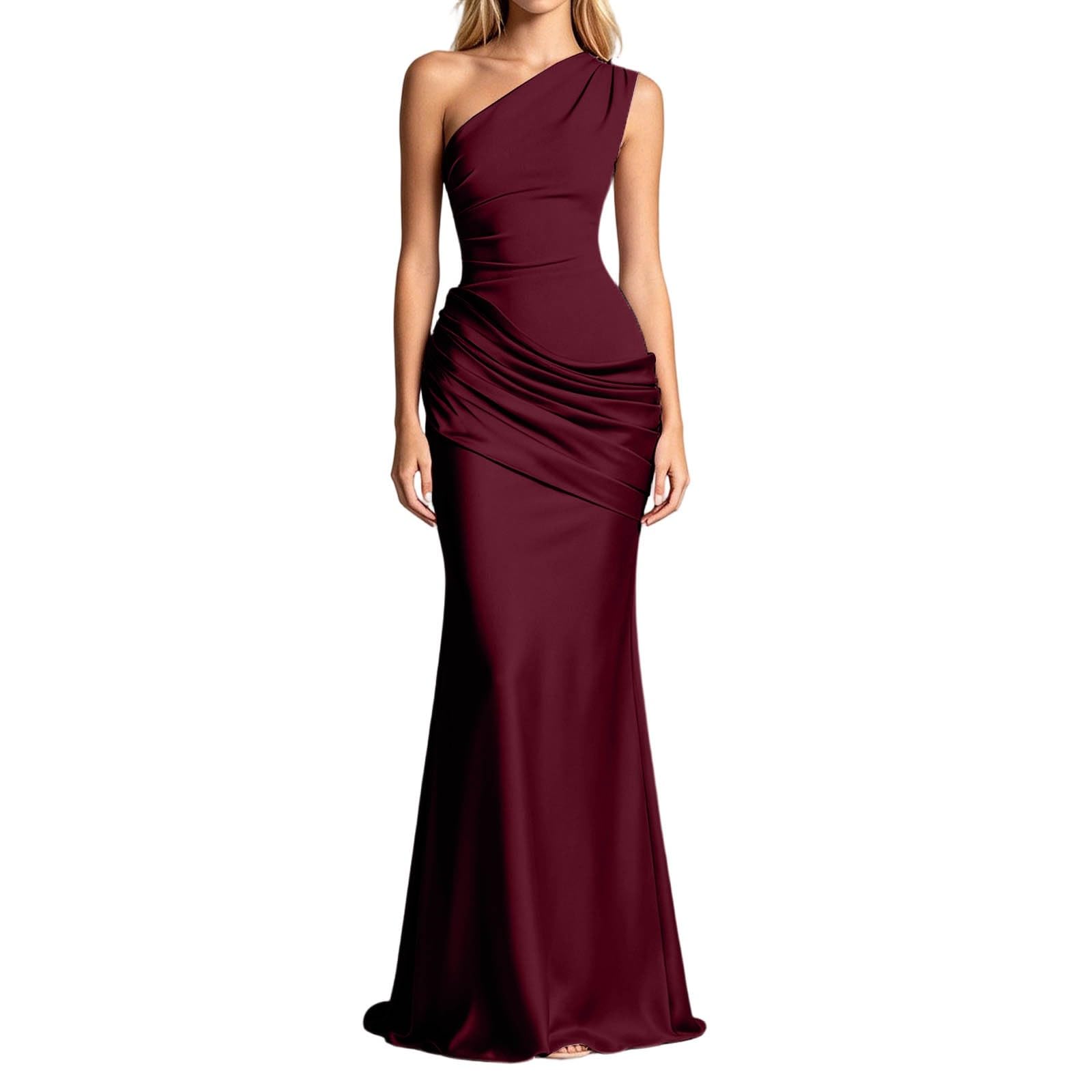Générique Robe de Bal Femme Sexy sans Manches Une Épaule Robes Longue Moulante Elégant Bodycon Maxi Robe de Soirée D'éte Décontracté Plissée Couleur Unie Wrap Robes pour Clubbing Cocktail Prom Fête