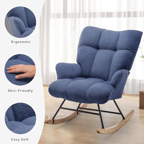 Image of SAETSFEG Rocking Chair Nursery Teddy Upholstered Glider Rocker Rocking Accent Chair Padded Seat with High Backrest Armchair Comfy Side Chair for Living Room Bedroom Offices (Steelblue Teddy)