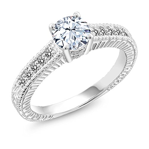 Gem Stone King 925 Sterling Silver White Created Sapphire and White Diamond Engagement Ring For Women (1.37 Cttw, Available in size 5, 6, 7, 8, 9)