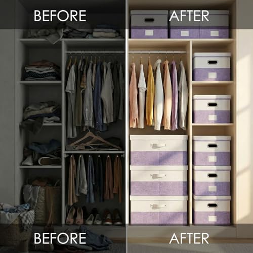 Image of PRANDOM Storage Bins with Lids [3-Pack] Linen Fabric Foldable Storage Boxes Organizer Containers Baskets Cube with Cover for Bedroom Closet Office White&Purple (23.4X15.9X11.4)