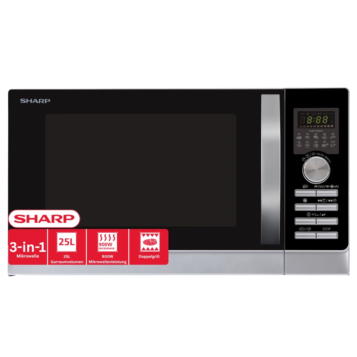 Sharp R843INW Microondas 3 en 1 con aire caliente, grill y convección , 25 L , 800 W , grill 1000 W , 2500 convección , Plato Giratorio de Metal (30 cm) , Plateado