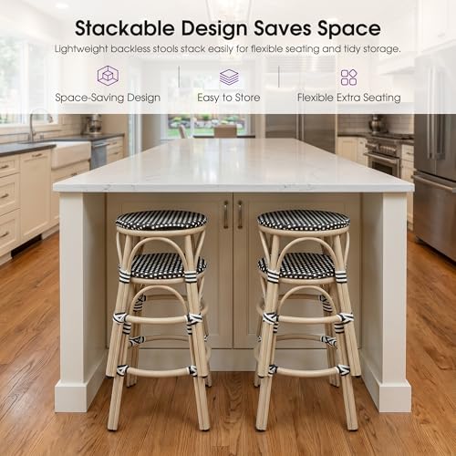 Image of PURPLE LEAF Patio French Round Counter Stool Set of 2 Large Seat 26 inch Rattan Armless Stackable Barstools Rattan Wicker with White Print Aluminum Footrest Indoor Outdoor Kitchen Cafe Black
