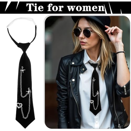 Black Tie for Women, Punk Women Tie Pre Tied Punk Skinny Ties Metal Chain Ties Punky Rock Metal Chain Necktie for Shirts Uniform Party Casual Accessory2