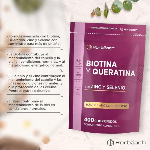 Miniatura 2 de Biotina Max con Keratina Zinc y Selenio | + de 1 Año de Suministro - 400 Comprimidos | Complejo de Vitamina B7 | Horbaach