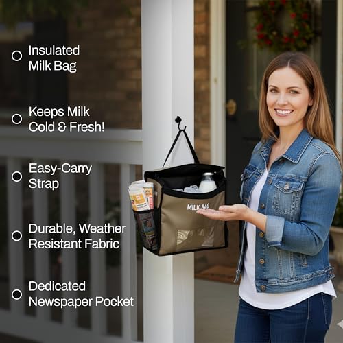 Image of Storite Milk Bag for Door Hanging - Insulated and Waterproof Storage for Milk Sachets, Bottles, Outdoor Gate Delivery Basket Box with Pocket for Notes and News Paper (Beige, Small (23x11x23cm)