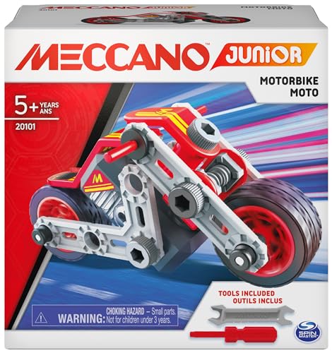 MECCANO - Mes PREMIÈRES CONSTRUCTIONS Junior - Voiture de Course, Moto, Hélicoptère ou Bulldozer - Jeu Construction avec 2 Outils - Modèle aléatoire - Jouet Enfant 5 Ans et +
