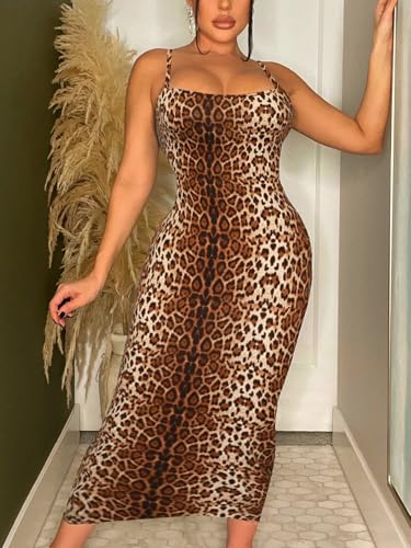 Image of Women's Midi Bodycon Tight Dress - Spaghetti Strap Summer Casual Leopard Cheeath Print Club Party Long Fitted Slip Dresses