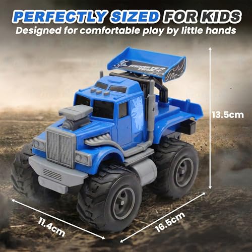 Image of Kidology Monster Truck City Service Friction Car Toy | Push & Go All-Terrain Off-Road Vehicle with Flashing Lights & Sounds | Heavy-Duty Big Wheel Action Toy for Kids (Blue)