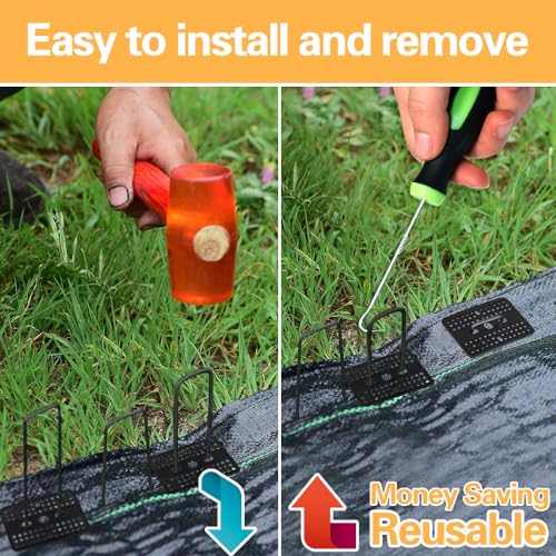 Bakulyor 50pcs Black Landscape Staples + 50pcs Buffer Washer, 4 Inch 11 Gauge Garden Stakes Staples, U Shaped Galvanized Lawn Pins Heavy Duty Yard Ground Pin for Weed Barrier Sod Fabric Decorations - Thumbnail 3