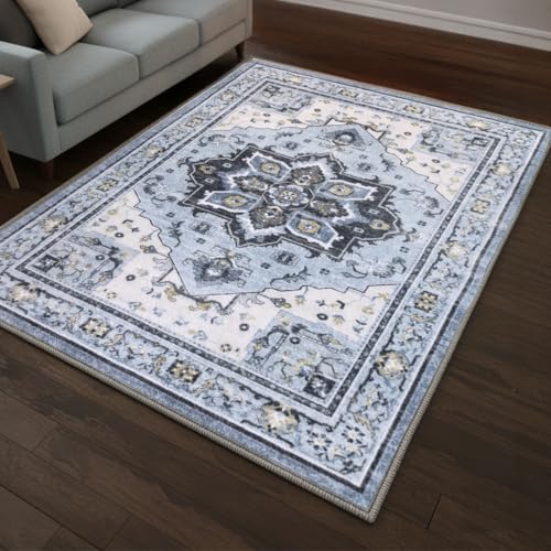 Muddy Mat® Azure 5ft x 7ft Washable Muddy Carpet for Living Room, Bedroom & Dining Room – Modern Soft Low Pile Non Slip Carpet – Pet Friendly Waterproof Foldable Area Rugs for Home