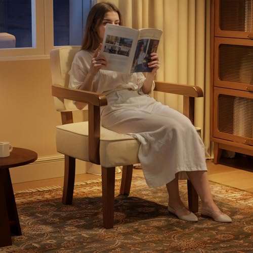 Image of Accent Chair Solid Wood Chairs, Living Room Chairs Office Guest Chair Mid-Century Modern Arm chair Brown Wooden Frame Beige Suede Comfort Soft Cushion Side Chair for Waiting Room Meeting Room