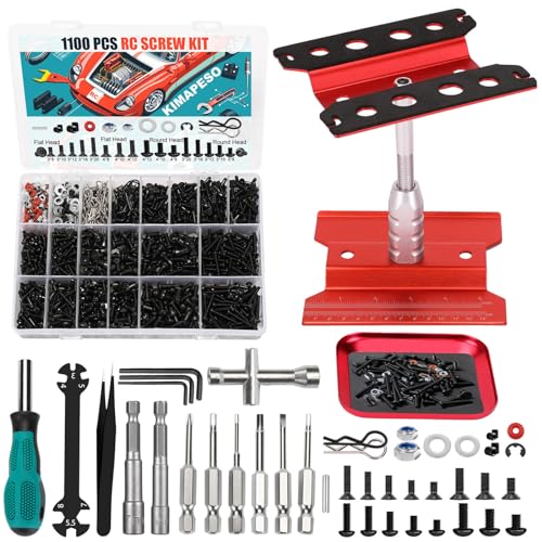 RC Car Repair Work Stand, 1100pcs RC Screw Kit and Vehicle Scale Accessories for Traxxas Axial Redcat Arrma HPI HSP SCX10 RC4WD 1/8 1/10 1/12 1/16 Scale RC Crawler Truck Buggy Car