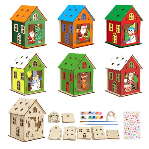 ZoneYan 7 unidades casas de Natal de madeira, artesanato natalício, casa de gengibre Natal, kit de artesanato de Natal de bricolage, presente de Natal para crianças construir e pintar