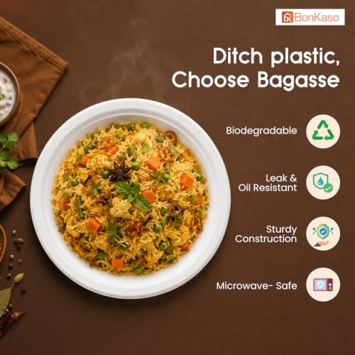 Image of Bonkaso 6 Inch, Pack of 100 Bagasse Disposable Round Plates (White)| Eco-Friendly Sugarcane Paper Plates | Biodegradable, Compostable & Sturdy | Ideal for Snacks, Desserts, Parties, Weddings & Events