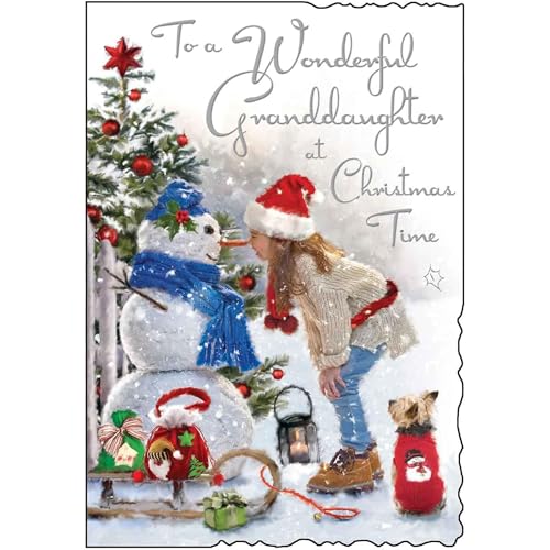 Jonny Javelin Christmas Card for Granddaughter - Jolly Snowman Design - Embossed Foil & Flitter Finish - Festive Christmas Greeting Card to a Wonderful Granddaughter - For Her