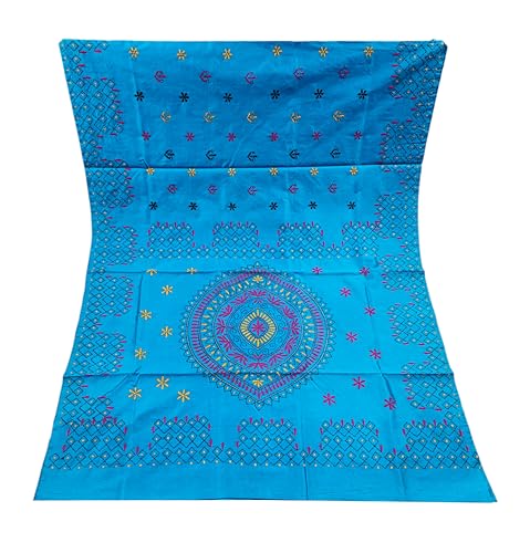 Image of SHRISTI CLOTHINGS Women's Hand Embroidered Cotton Silk Kantha Stitch Saree with Blouse Piece (SB420324 SKYBLUE)