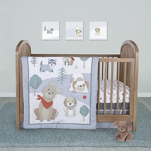 Image of Sammy & Lou Fur-Ever Friends 4-Piece Baby Crib Bedding Set, Includes Quilt, Fitted Crib Sheets Neutral, Crib Skirt, and Plush Toy