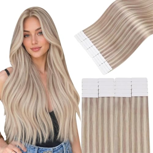 Image of Easyouth Tape in Extensions Highlight Tape in Extensions Real Human Hair Ash Blonde Highlight Bleach Blonde Human Hair Tapes in Extension for Long 50g 20pcs 24 Inch