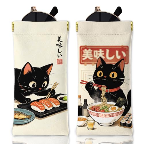 GLOBLELAND 2 Piezas Funda para Gafas Gato Gourmet Japonés Estuche Blando con Sushi y Ramen Protector para Anteojos Diseño de Comida Kawaii Accesorio de Viaje para Lentes y Maquillaje