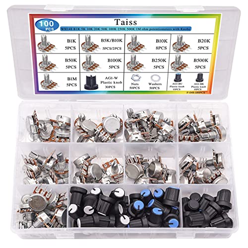 Taiss 100Pcs Potentiometer Kit,Wh148 B1K 5K 10K 20K 50K 100K 250K 500K 1M Ohm Potentiometers,Potentiometer Assortment,Single Linear Taper Potentiometer 3 Terminal With Knobs,Nuts And Washers #TOP4