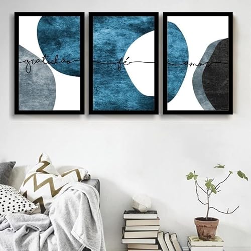 Quadro Decorativo Minimalista Azul E Neutro Fé Amor Gratidão Abstrato