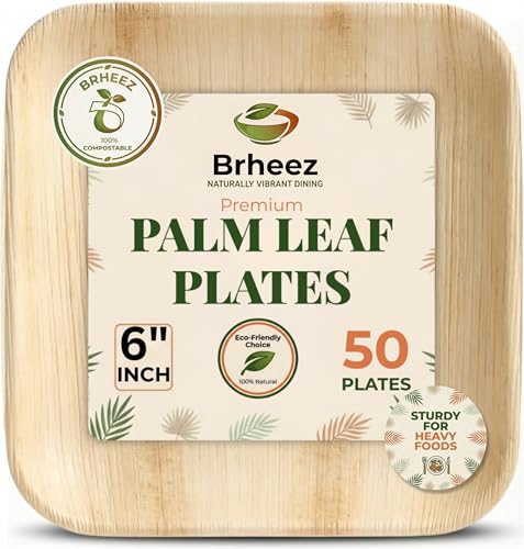 brheez Bamboo Plates Disposable Palm Leaf Plates | 6 inch bamboo appetizer plates | Eco Compostable Biodegradable Plates 50 pieces.