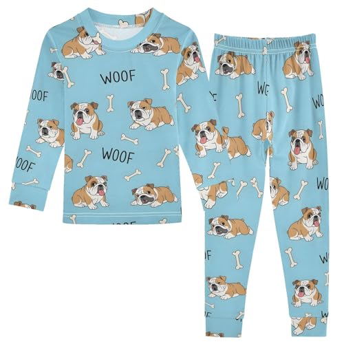 Pajama Sets Long Sleeve Bulldog Pattern with Bones Woof Soft Comfy Sleepwear 2 Piece PJS 3-8T
