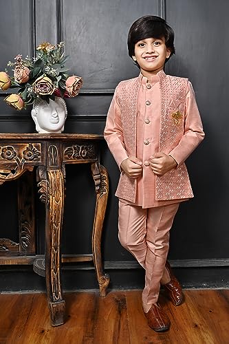 Image of AHHAAAA Kids Ethnic Cotton Silk Blend Sequin Print Indo-Western Sherwani Set for Boys 496MF